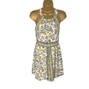 Esley Floral Mini Dress Sleeveless Boho Fit & Flare Yellow Blue White S